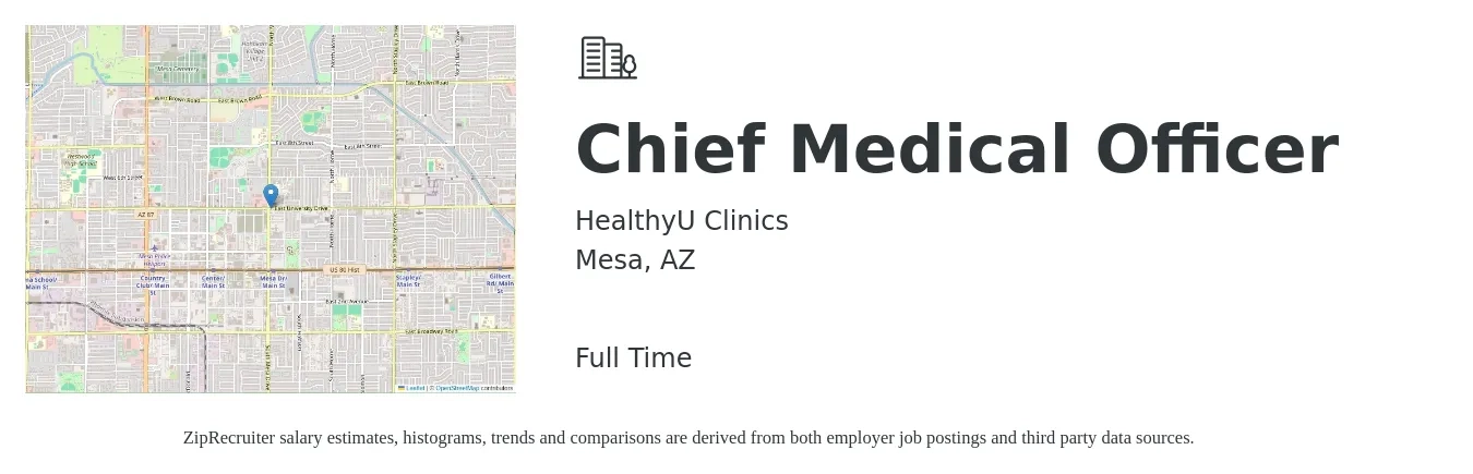 HealthyU Clinics job posting for a Chief Medical Officer in Mesa, AZ with a salary of $235,000 to $324,800 Yearly with a map of Mesa location.