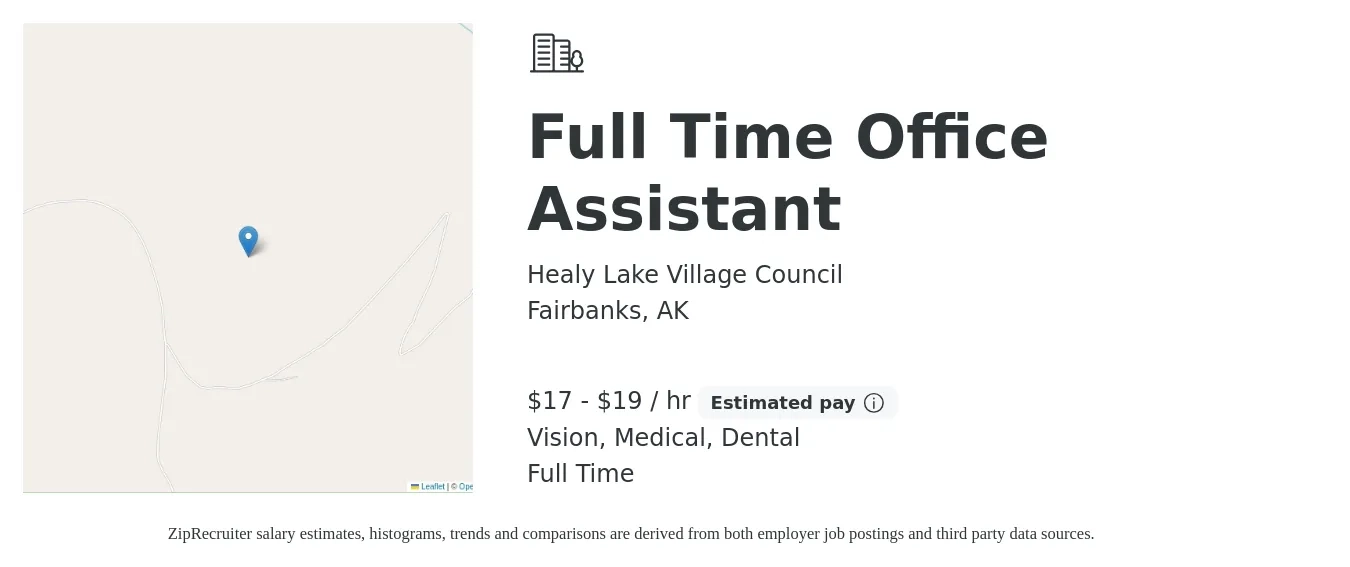 Healy Lake Village Council job posting for a Full Time Office Assistant in Fairbanks, AK with a salary of $18 to $20 Hourly and benefits including medical, vision, and dental with a map of Fairbanks location.