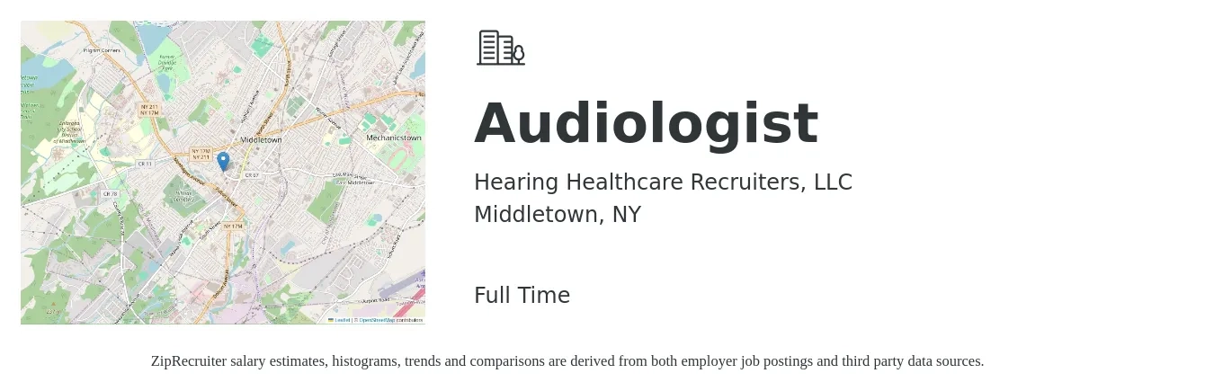 Hearing Healthcare Recruiters, LLC job posting for a Audiologist in Middletown, NY with a salary of $70,800 to $98,900 Yearly with a map of Middletown location.