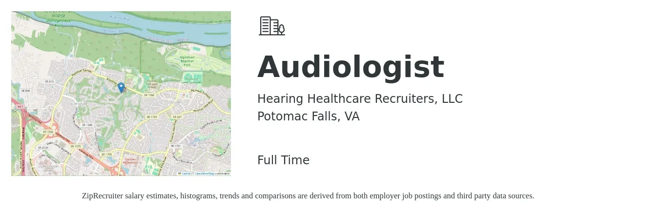 Hearing Healthcare Recruiters, LLC job posting for a Audiologist in Potomac Falls, VA with a salary of $70,900 to $99,100 Yearly with a map of Potomac Falls location.