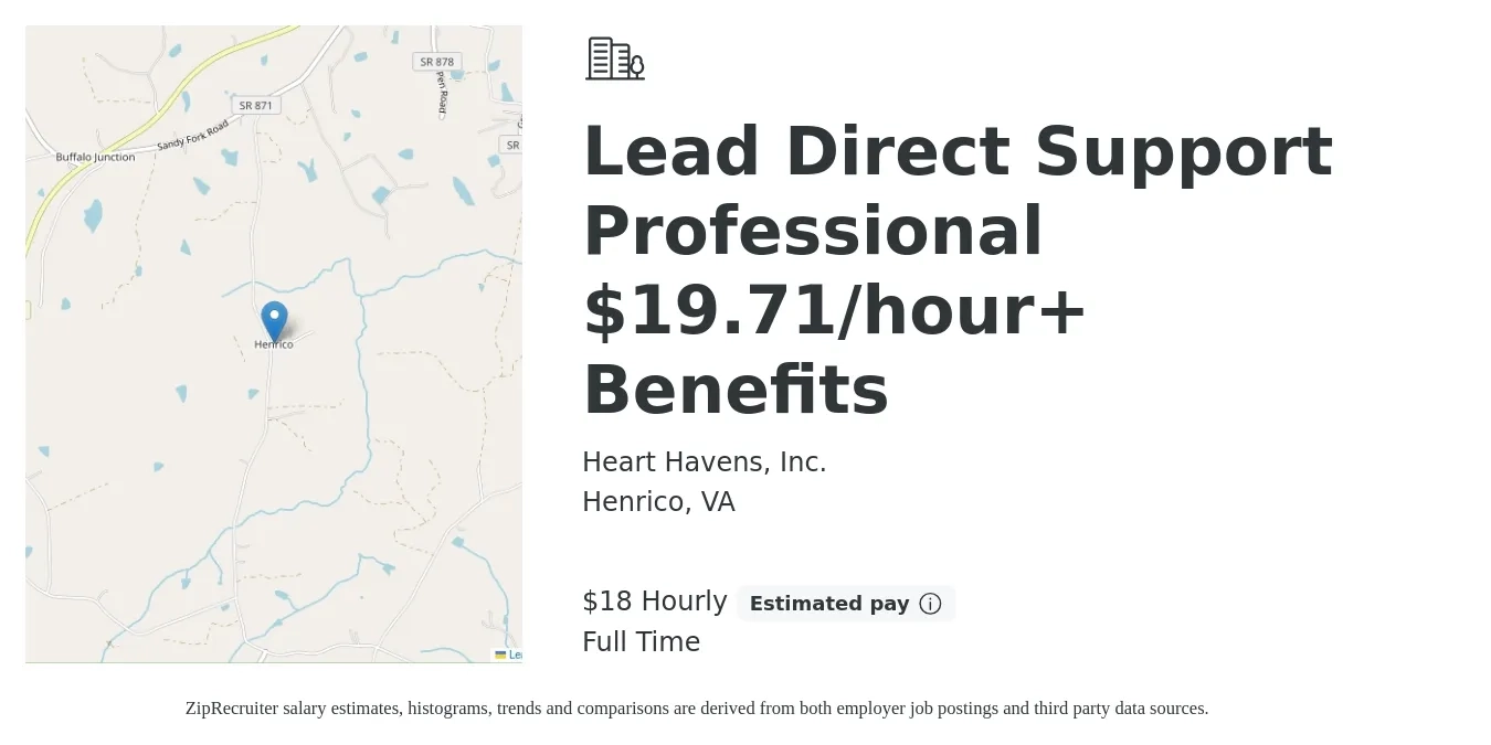 Heart Havens, Inc. job posting for a Lead Direct Support Professional $19.71/hour+ Benefits in Henrico, VA with a salary of $20 Hourly with a map of Henrico location.