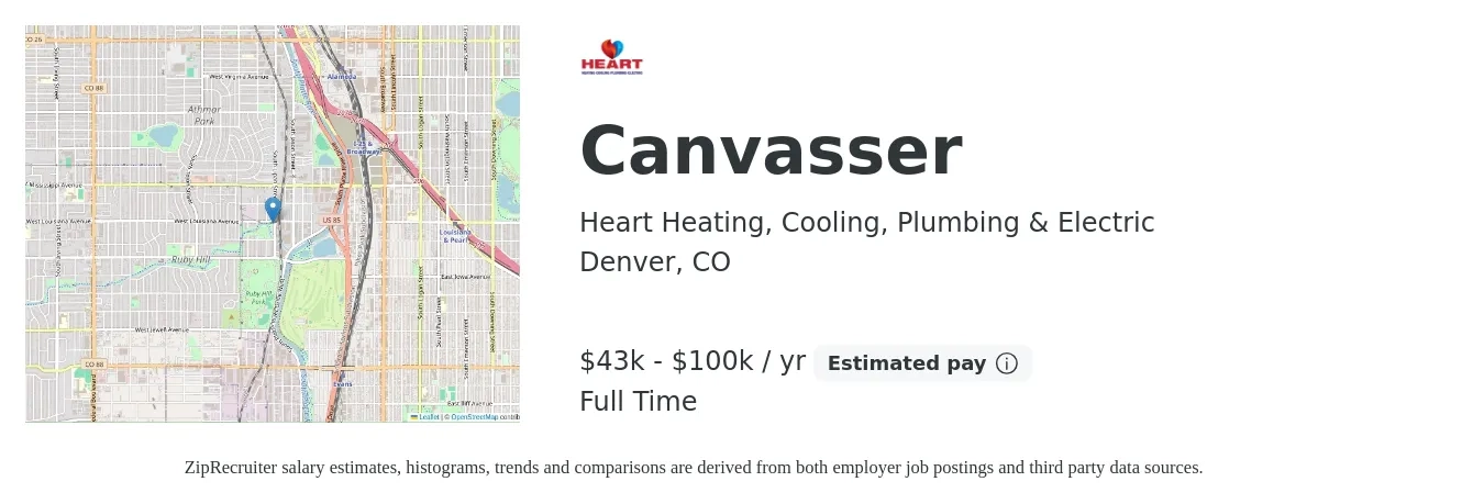 Heart Heating, Cooling, Plumbing & Electric job posting for a Canvasser in Denver, CO with a salary of $43,680 to $100,000 Yearly with a map of Denver location.