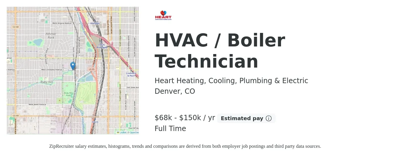 Heart Heating, Cooling, Plumbing & Electric job posting for a HVAC / Boiler Technician in Denver, CO with a salary of $68,400 to $150,000 Yearly with a map of Denver location.