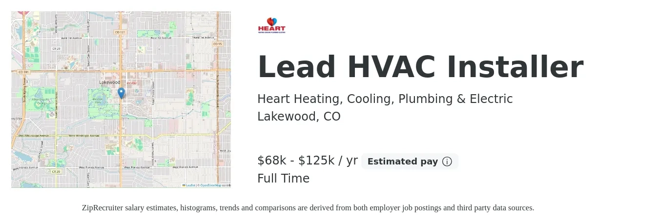 Heart Heating, Cooling, Plumbing & Electric job posting for a Lead HVAC Installer in Lakewood, CO with a salary of $68,640 to $125,000 Yearly with a map of Lakewood location.