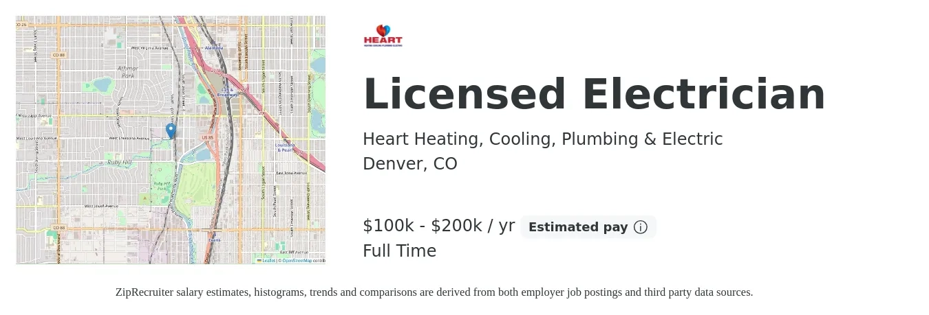 Heart Heating, Cooling, Plumbing & Electric job posting for a Licensed Electrician in Denver, CO with a salary of $100,000 to $200,000 Yearly with a map of Denver location.