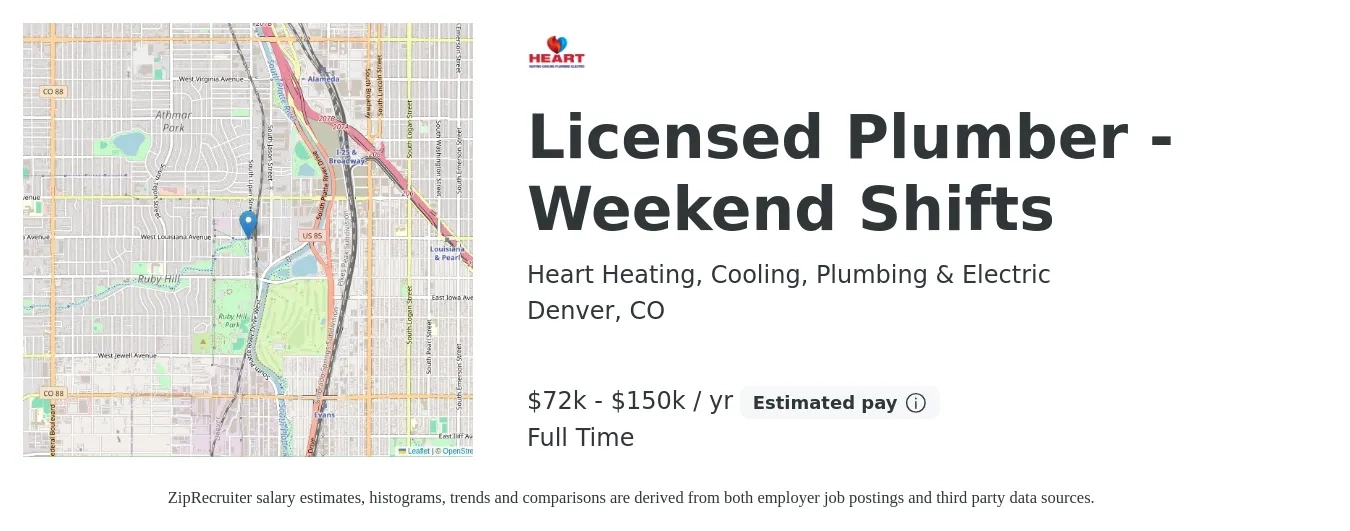 Heart Heating, Cooling, Plumbing & Electric job posting for a Licensed Plumber - Weekend Shifts in Denver, CO with a salary of $72,800 to $150,000 Yearly with a map of Denver location.