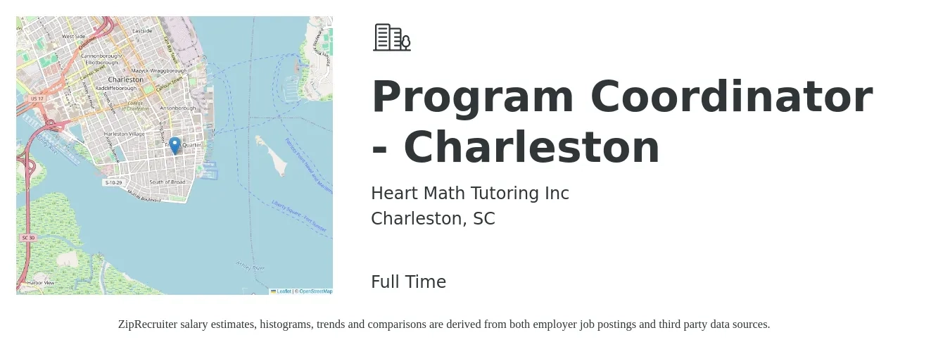 Heart Math Tutoring Inc job posting for a Program Coordinator - Charleston in Charleston, SC with a salary of $39,300 to $58,000 Yearly with a map of Charleston location.