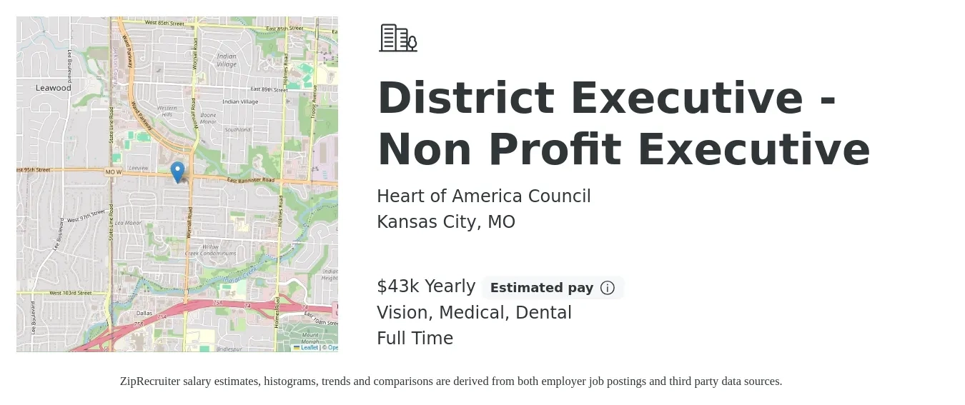 Heart of America Council job posting for a District Executive - Non Profit Executive in Kansas City, MO with a salary of $43,000 Yearly and benefits including dental, life_insurance, medical, pto, retirement, and vision with a map of Kansas City location.