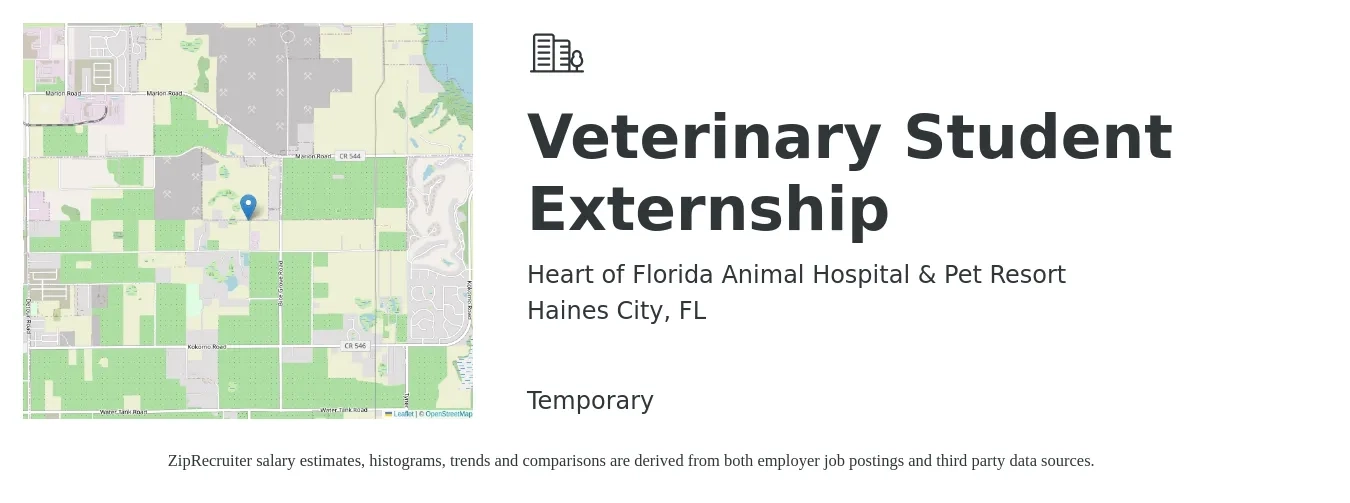 Heart of Florida Animal Hospital & Pet Resort job posting for a Veterinary Student Externship in Haines City, FL with a salary of $16 to $22 Hourly with a map of Haines City location.