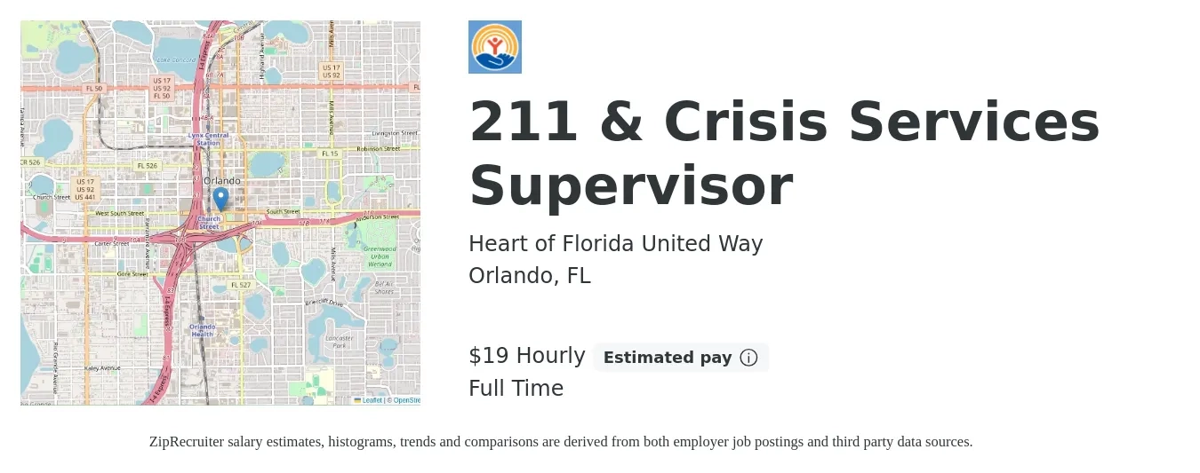 Heart of Florida United Way job posting for a 211 & Crisis Services Supervisor in Orlando, FL with a salary of $65,700 to $97,800 Yearly with a map of Orlando location.