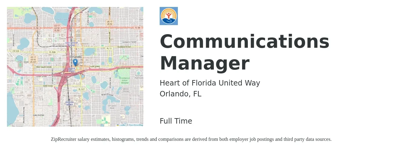 Heart of Florida United Way job posting for a Communications Manager in Orlando, FL with a salary of $50,000 Yearly with a map of Orlando location.