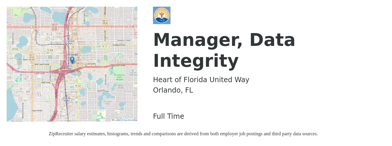 Heart of Florida United Way job posting for a Manager, Data Integrity in Orlando, FL with a salary of $61,500 to $116,900 Yearly with a map of Orlando location.