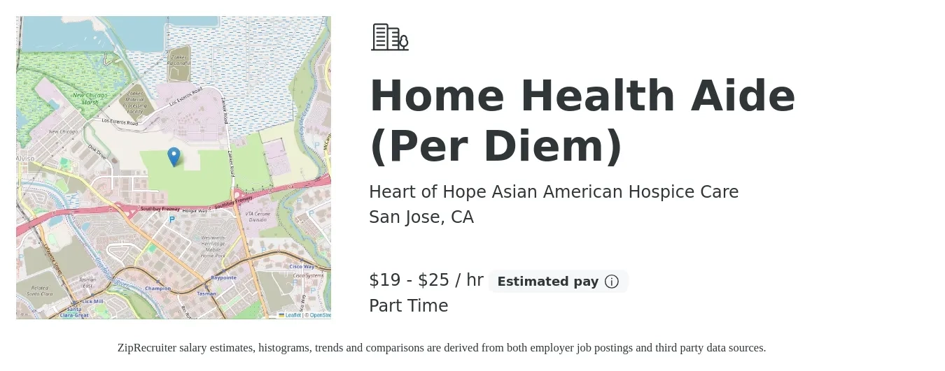 Heart of Hope Asian American Hospice Care job posting for a Home Health Aide (Per Diem) in San Jose, CA with a salary of $20 to $27 Hourly with a map of San Jose location.