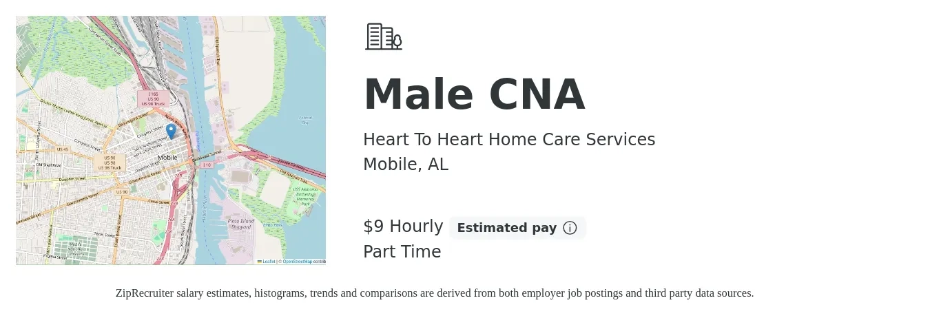 Heart To Heart Home Care Services job posting for a Male CNA in Mobile, AL with a salary of $10 Hourly with a map of Mobile location.