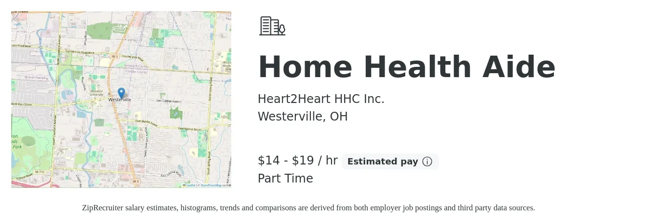 Heart2Heart HHC Inc. job posting for a Home Health Aide in Westerville, OH with a salary of $15 to $20 Hourly with a map of Westerville location.