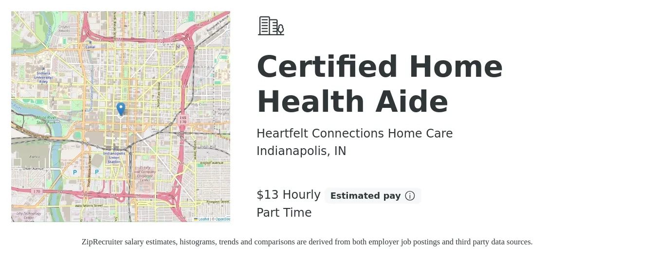 Heartfelt Connections Home Care job posting for a Certified Home Health Aide in Indianapolis, IN with a salary of $16 to $19 Hourly with a map of Indianapolis location.