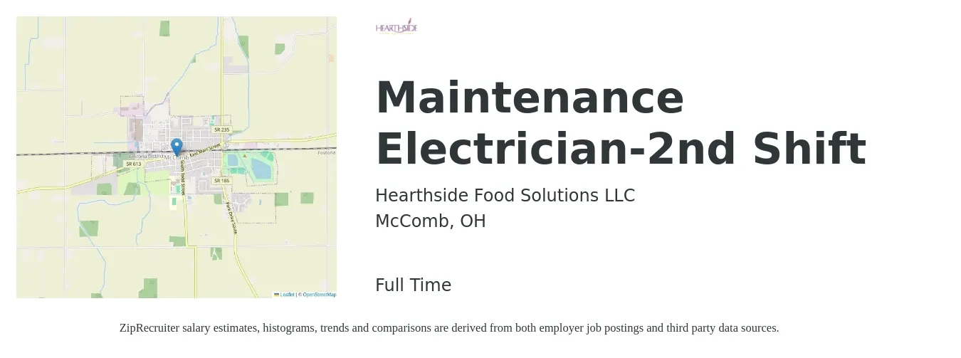 Hearthside Food Solutions LLC job posting for a Maintenance Electrician-2nd Shift in McComb, OH with a salary of $27 to $34 Hourly with a map of McComb location.