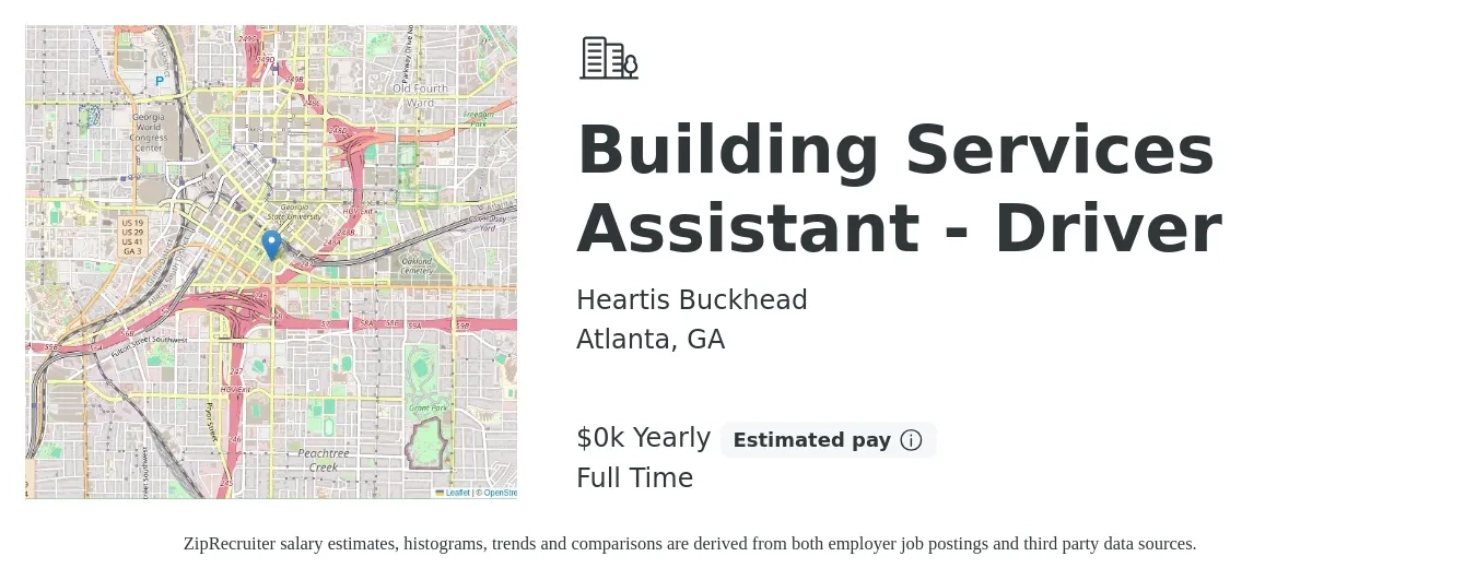 Heartis Buckhead job posting for a Building Services Assistant - Driver in Atlanta, GA with a salary of $18 to $19 Yearly with a map of Atlanta location.