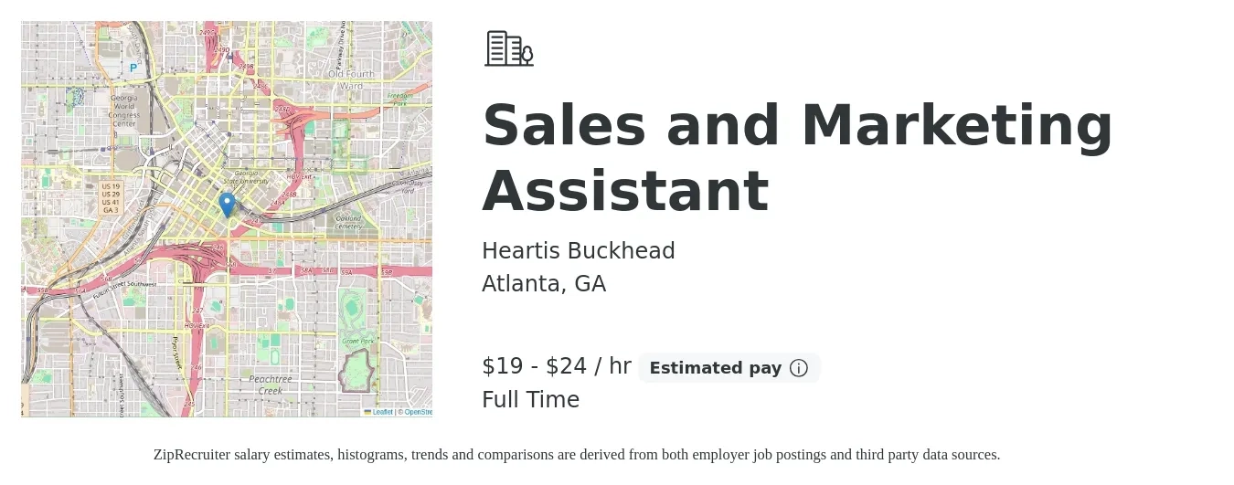 Heartis Buckhead job posting for a Sales and Marketing Assistant in Atlanta, GA with a salary of $21 to $23 Hourly with a map of Atlanta location.