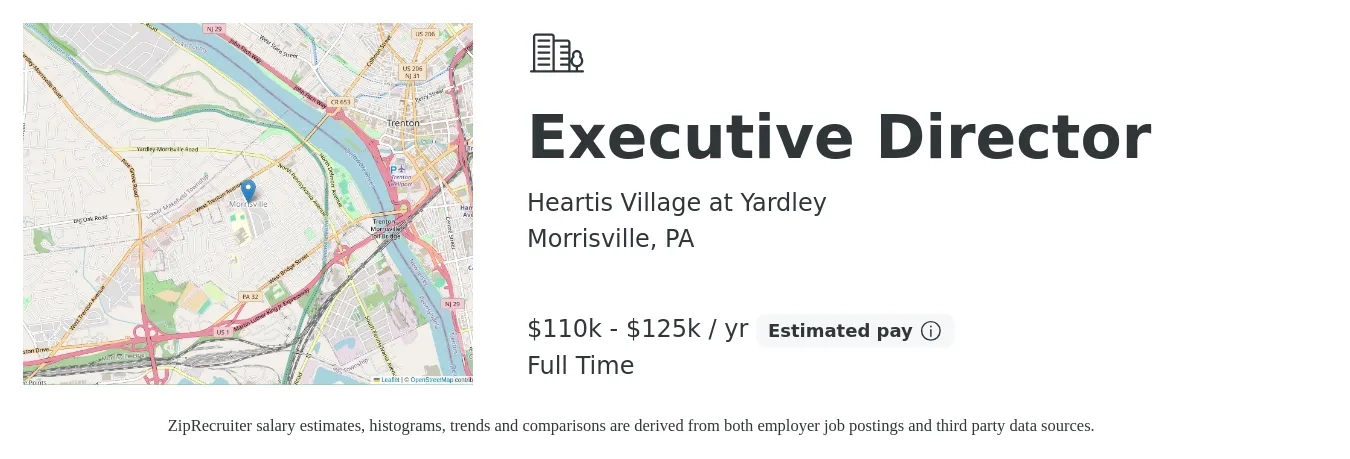 Heartis Village at Yardley job posting for a Executive Director in Morrisville, PA with a salary of $110,000 to $125,000 Yearly with a map of Morrisville location.