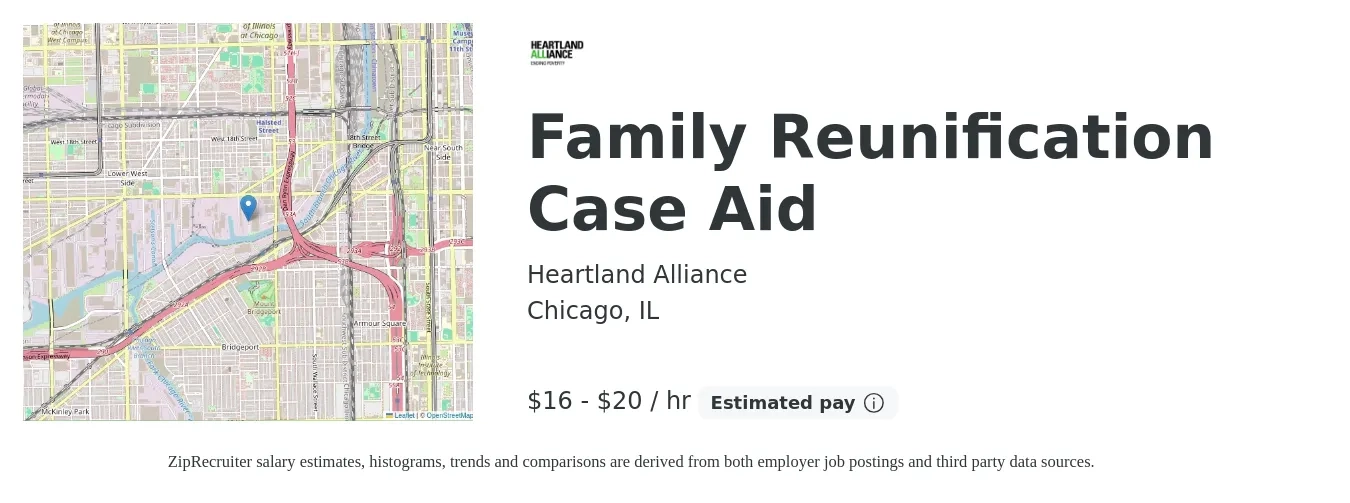 Heartland Alliance job posting for a Family Reunification Case Aid in Chicago, IL with a salary of $17 to $21 Hourly with a map of Chicago location.