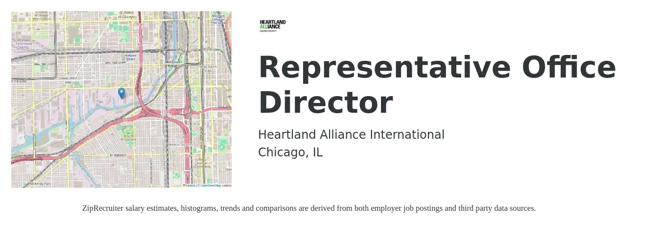 Heartland Alliance International job posting for a Representative Office Director in Chicago, IL with a salary of $113,300 to $170,500 Yearly with a map of Chicago location.