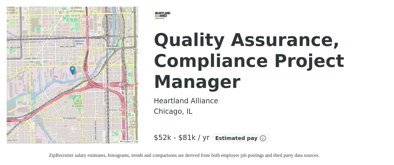 Heartland Alliance job posting for a Quality Assurance, Compliance Project Manager in Chicago, IL with a salary of $52,400 to $81,200 Yearly with a map of Chicago location.