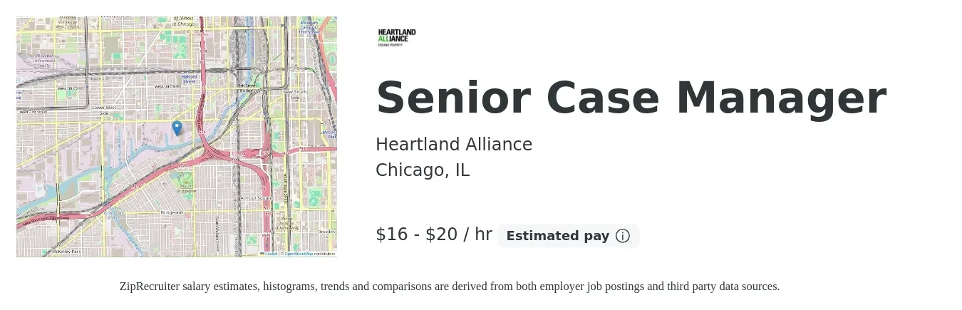Heartland Alliance job posting for a Senior Case Manager in Chicago, IL with a salary of $17 to $21 Hourly with a map of Chicago location.
