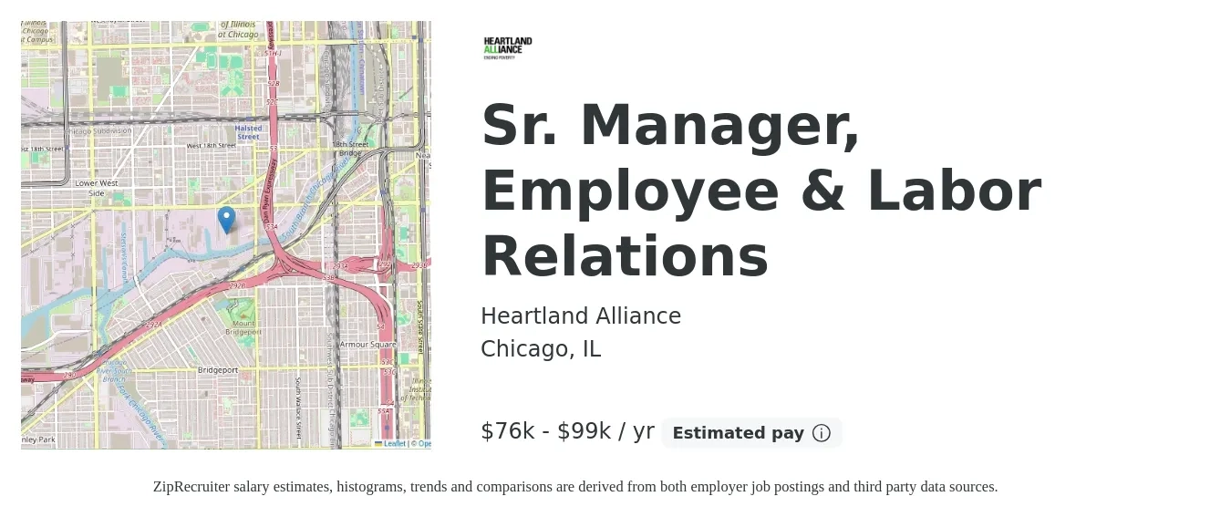 Heartland Alliance job posting for a Sr. Manager, Employee & Labor Relations in Chicago, IL with a salary of $76,500 to $99,500 Yearly with a map of Chicago location.