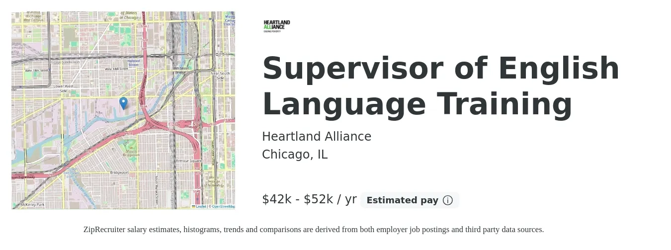 Heartland Alliance job posting for a Supervisor of English Language Training in Chicago, IL with a salary of $42,200 to $52,700 Yearly with a map of Chicago location.