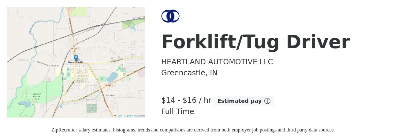 HEARTLAND AUTOMOTIVE LLC job posting for a Forklift/Tug Driver in Greencastle, IN with a salary of $16 to $17 Hourly with a map of Greencastle location.