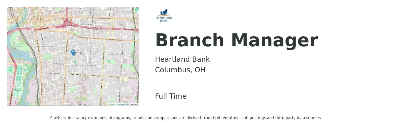 Heartland Bank job posting for a Branch Manager in Columbus, OH with a salary of $55,100 to $83,100 Yearly with a map of Columbus location.