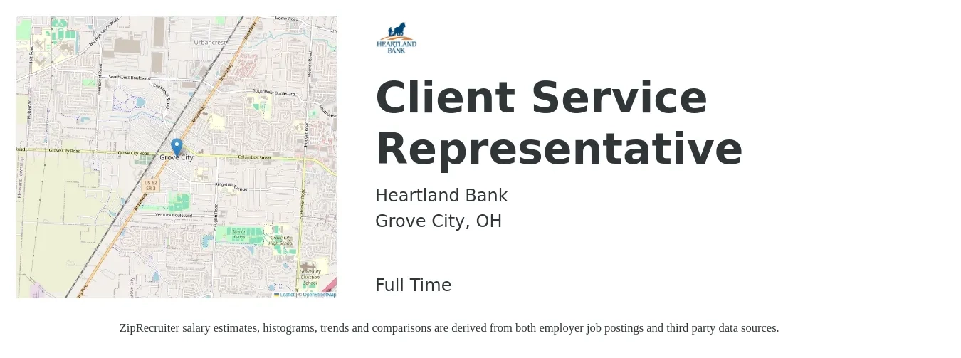 Heartland Bank job posting for a Client Service Representative in Grove City, OH with a salary of $15 to $20 Hourly with a map of Grove City location.