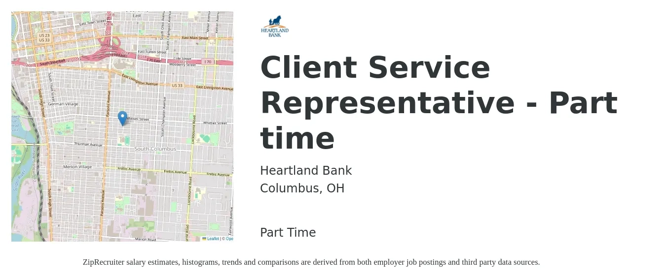 Heartland Bank job posting for a Client Service Representative - Part time in Columbus, OH with a salary of $16 to $21 Hourly with a map of Columbus location.