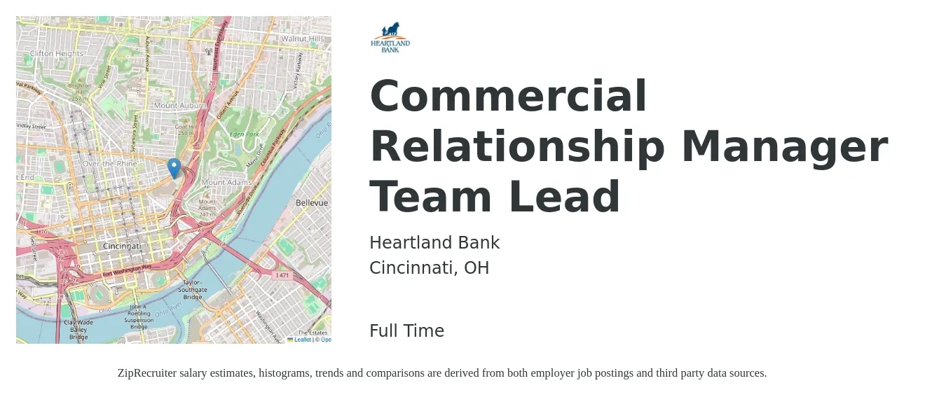Heartland Bank job posting for a Commercial Relationship Manager Team Lead in Cincinnati, OH with a salary of $81,600 to $144,000 Yearly with a map of Cincinnati location.