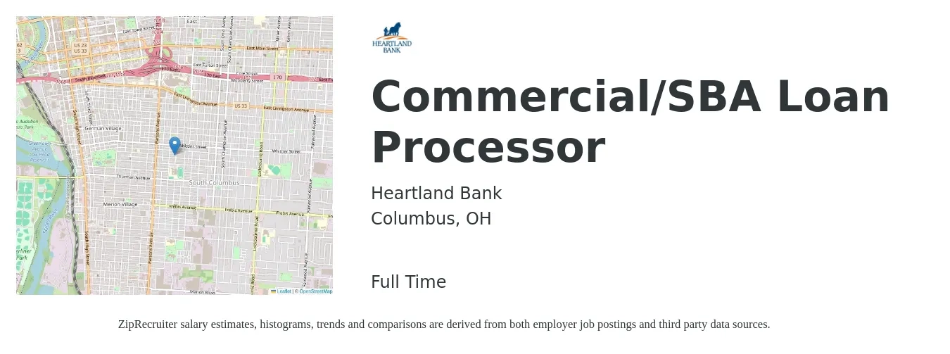 Heartland Bank job posting for a Commercial/SBA Loan Processor in Columbus, OH with a salary of $20 to $30 Hourly with a map of Columbus location.