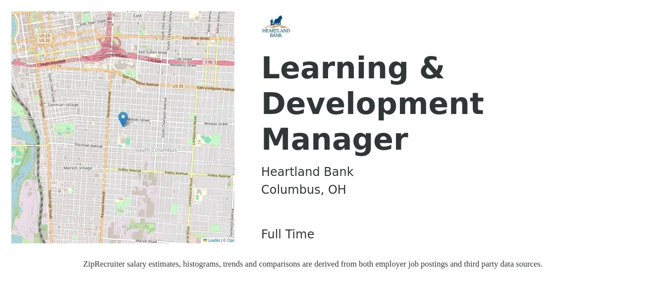 Heartland Bank job posting for a Learning & Development Manager in Columbus, OH with a salary of $80,700 to $111,600 Yearly with a map of Columbus location.