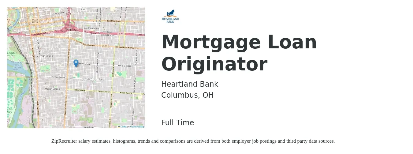 Heartland Bank job posting for a Mortgage Loan Originator in Columbus, OH with a salary of $15 to $43 Hourly with a map of Columbus location.