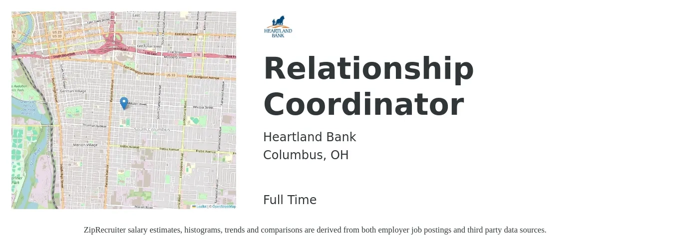 Heartland Bank job posting for a Relationship Coordinator in Columbus, OH with a salary of $19 to $32 Hourly with a map of Columbus location.