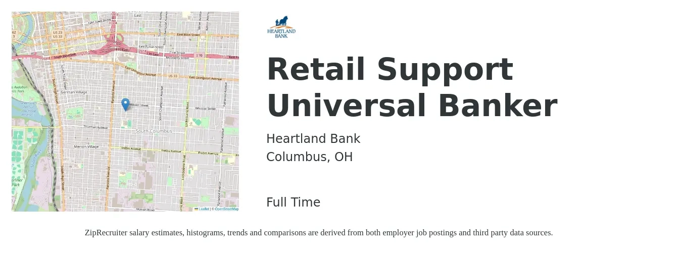 Heartland Bank job posting for a Retail Support Universal Banker in Columbus, OH with a salary of $12 to $21 Hourly with a map of Columbus location.