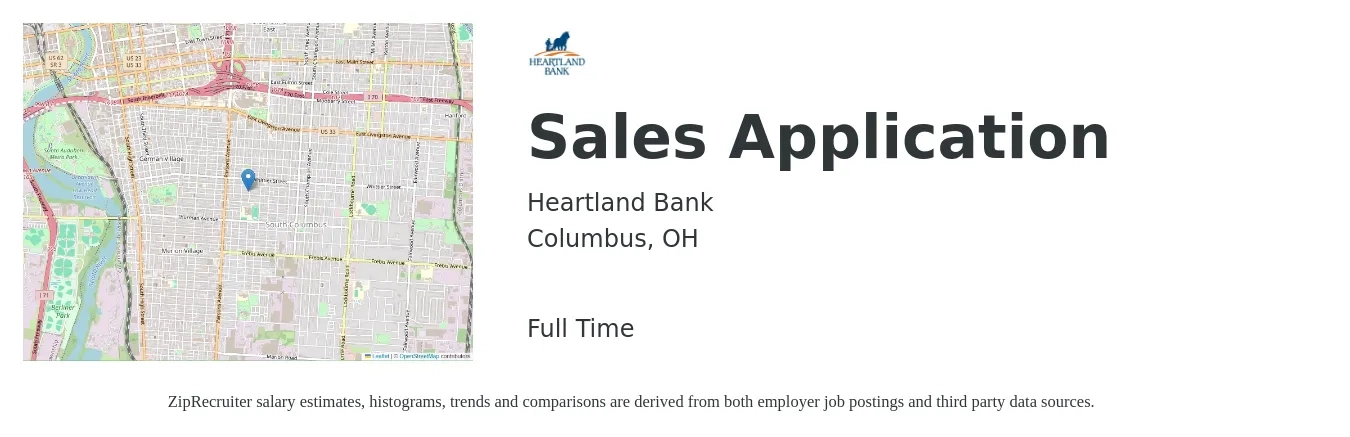 Heartland Bank job posting for a Sales Application in Columbus, OH with a salary of $100,500 to $124,100 Yearly with a map of Columbus location.