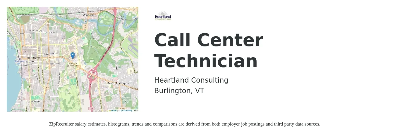 Heartland Consulting job posting for a Call Center Technician in Burlington, VT with a salary of $16 to $20 Hourly with a map of Burlington location.