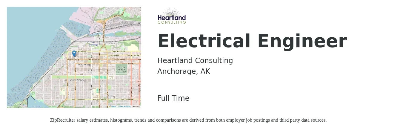Heartland Consulting job posting for a Electrical Engineer in Anchorage, AK with a salary of $84,800 to $134,900 Yearly and benefits including retirement with a map of Anchorage location.