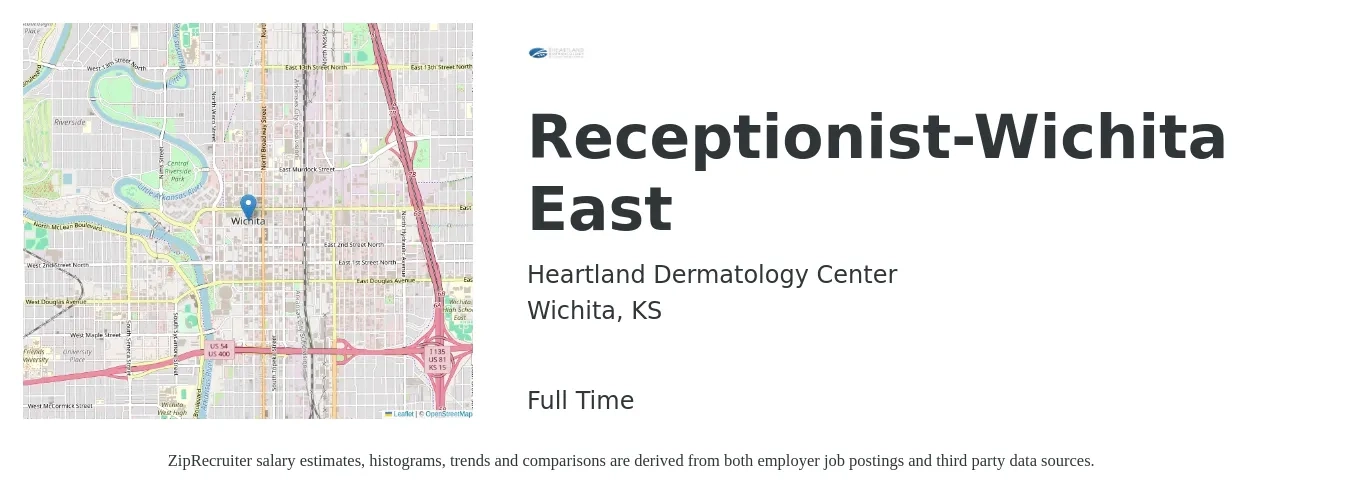 Heartland Dermatology Center job posting for a Receptionist-Wichita East in Wichita, KS with a salary of $14 to $18 Hourly with a map of Wichita location.