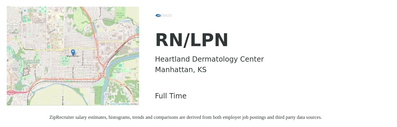 Heartland Dermatology Center job posting for a RN/LPN in Manhattan, KS with a salary of $23 to $32 Hourly with a map of Manhattan location.