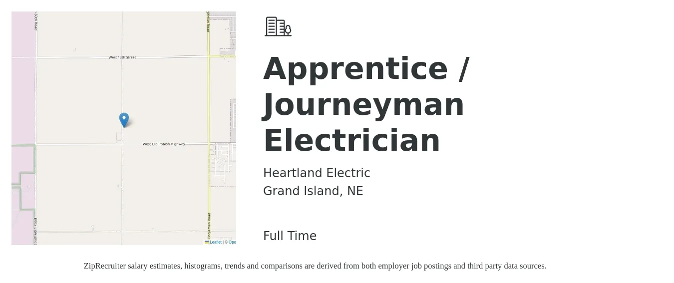 Heartland Electric job posting for a Apprentice / Journeyman Electrician in Grand Island, NE with a salary of $16 to $22 Hourly with a map of Grand Island location.