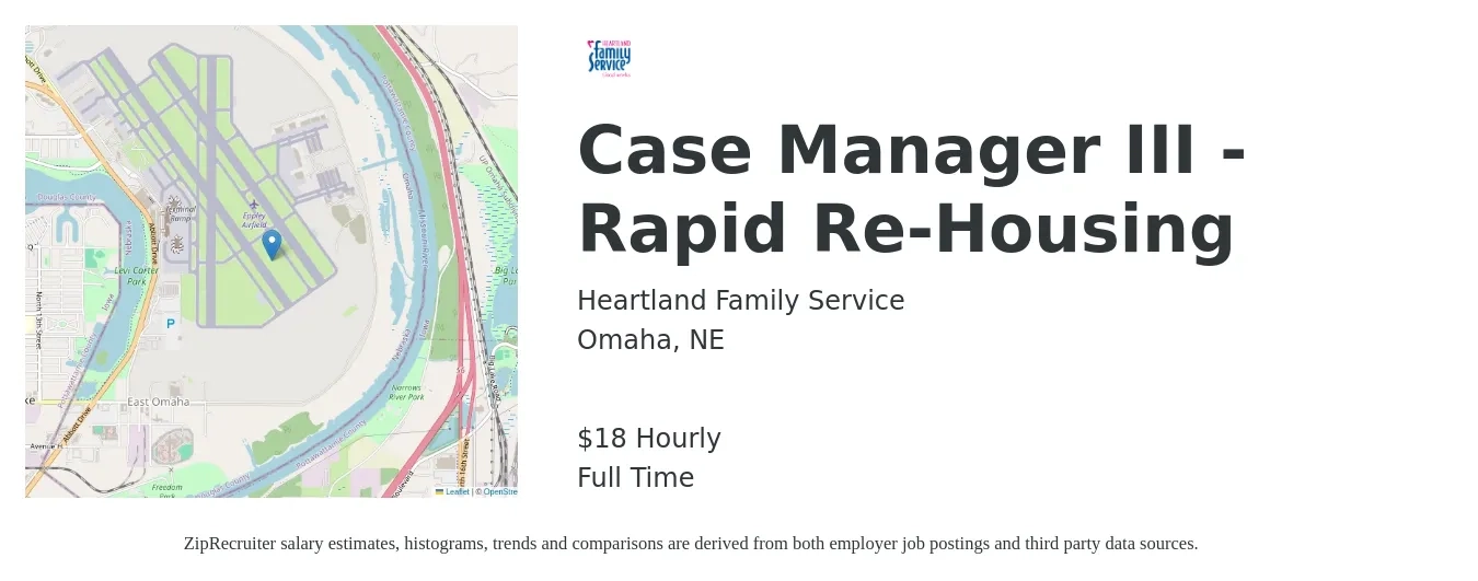 Heartland Family Service job posting for a Case Manager III - Rapid Re-Housing in Omaha, NE with a salary of $20 Hourly with a map of Omaha location.
