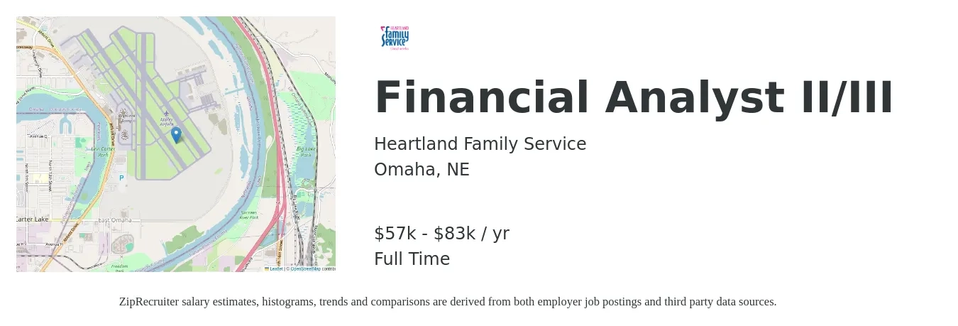 Heartland Family Service job posting for a Financial Analyst II/III in Omaha, NE with a salary of $57,300 to $83,900 Yearly with a map of Omaha location.