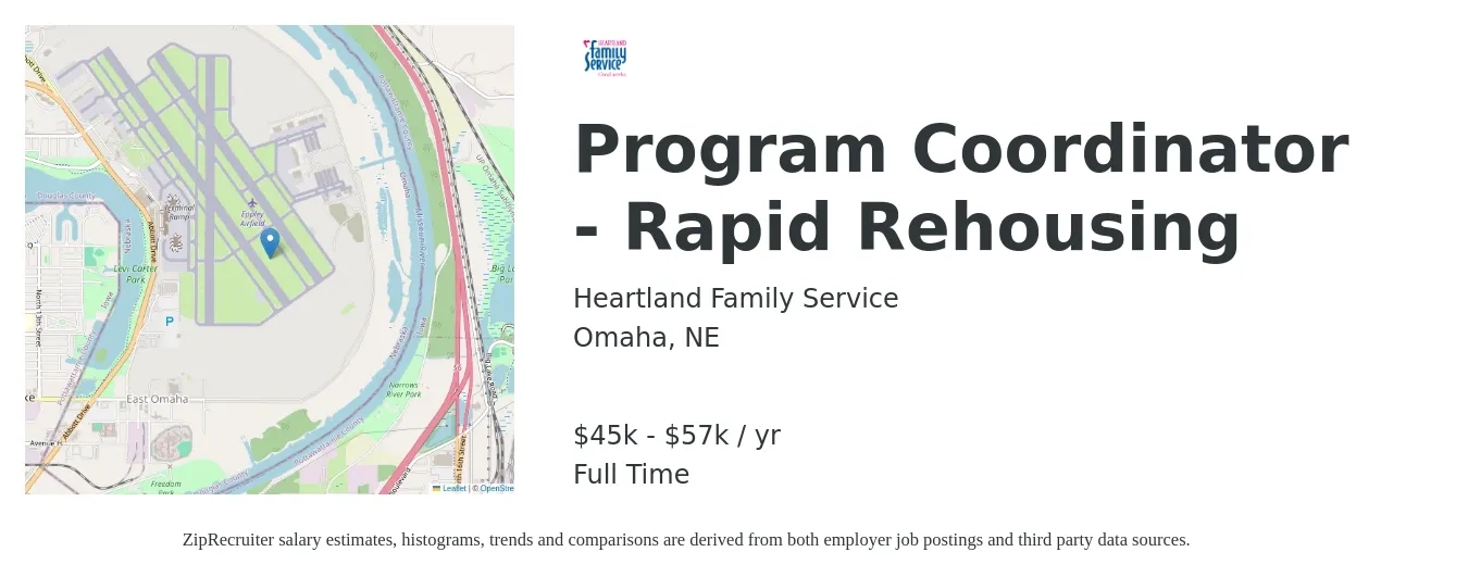 Heartland Family Service job posting for a Program Coordinator - Rapid Rehousing in Omaha, NE with a salary of $45,600 to $57,689 Yearly with a map of Omaha location.