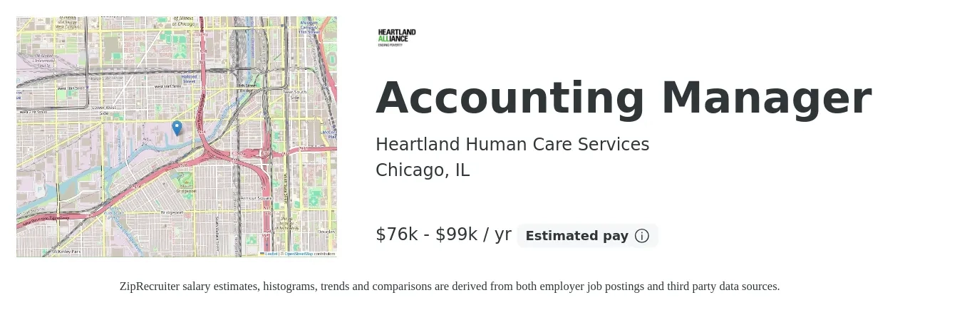Heartland Human Care Services job posting for a Accounting Manager in Chicago, IL with a salary of $76,500 to $99,500 Yearly with a map of Chicago location.